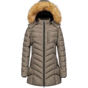 Women's Brown Winter Warm Long Hooded Puffer Jacket Coat Fabric Waterproof